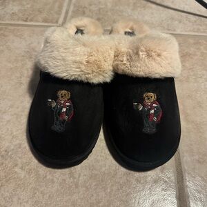 NWT Polo Ralph Lauren Bear Embroidered Slippers Black  Size 8